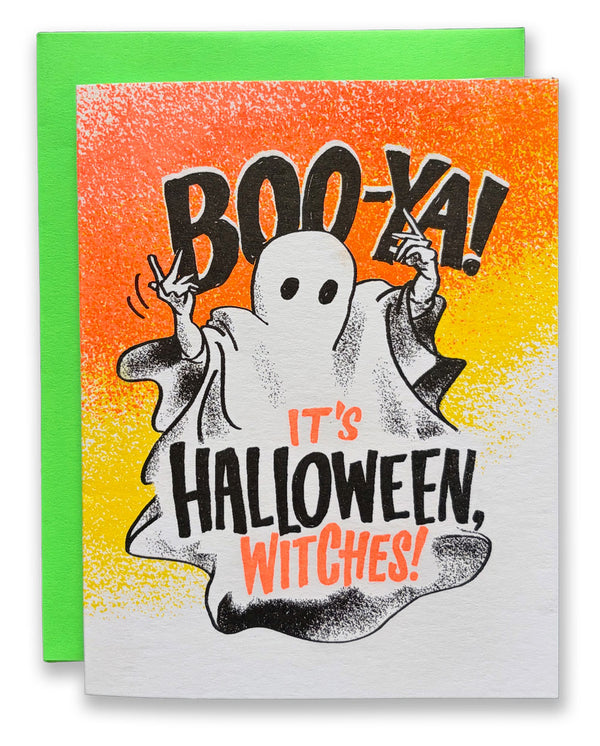 Boo-Ya! It's Halloween, Witches! Risograph Greeting Card
