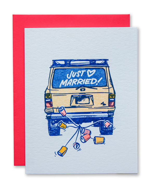 Just Married Land Cruiser FJ60 Truck Cans Wedding Risograph Greeting Card