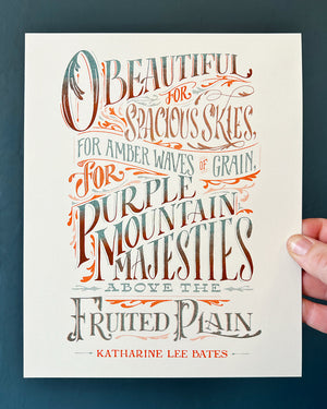 "America The Beautiful" Poem by Katharine Lee Bates, Hand-Lettered Risograph Print